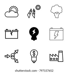 Energy icons. set of 9 editable outline energy icons such as bulb, factory, atom move, solar panel, sun, broken battery, bulb with dollar, cauliflower