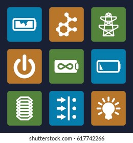 Energy icons set. set of 9 energy filled icons such as pylon, low battery, broken battery, bulb, switch off, electric circuit, atom move, atom