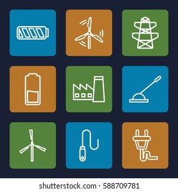 energy icons set. Set of 9 energy outline icons such as mill, factory, pylon, arm lever, wire, plug