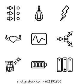 Energy icons set. set of 9 energy outline icons such as flash, heart with muscles, baterry, solar panel, battery, atom move, electricity