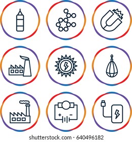 Energy icons set. set of 9 energy outline icons such as factory, battery, sun battery, electricity, magnet, atom
