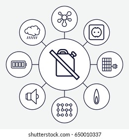 Energy icons set. set of 9 energy outline icons such as sun, ful battery, plug socket, flame, lamp, solar panel, atom, electric circuit