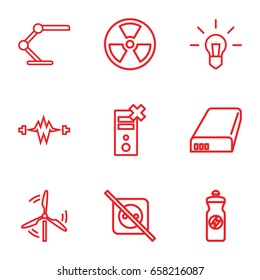 Energy icons set. set of 9 energy outline icons such as energy drink, table lamp, battery, mill, radiation, no plug, electricity, no charge