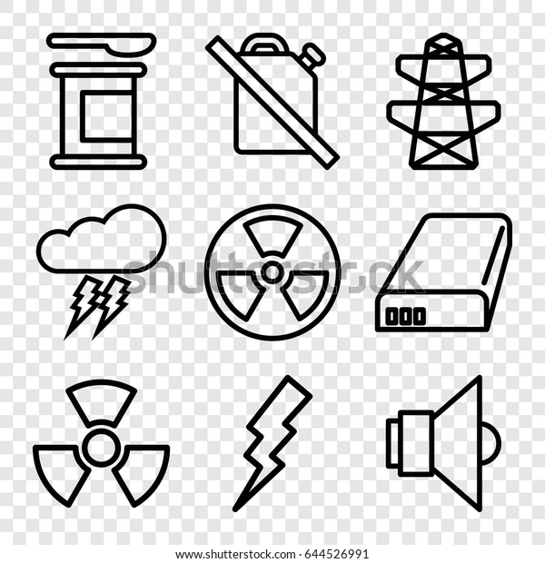 Energy\
icons set. set of 9 energy outline icons such as flash, pylon,\
battery, lamp, thunderstorm, radiation, no\
oil
