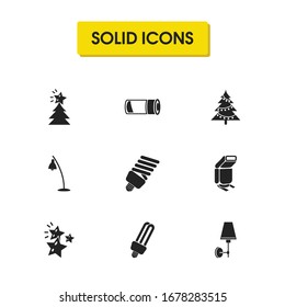 Energy icons set with camera flash light, stars and wall sconce elements. Set of energy icons and fluorescent concept. Editable vector elements for logo app UI design.