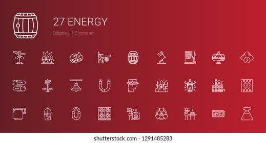 energy icons set. Collection of energy with burner, radiation, campfire, stove, magnet, smoothie, coffee cup, oil lamp, fire, creative, lamp. Editable and scalable energy icons.