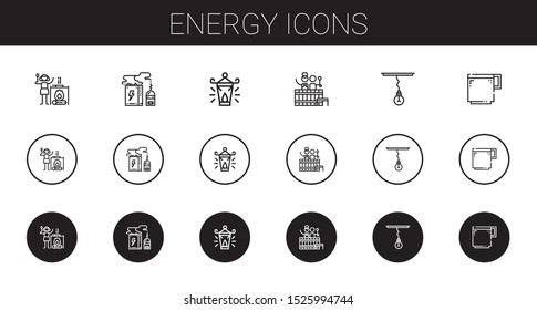 energy icons set. Collection of energy with campfire, battery, oil lamp, barrel, lamp, coffee cup. Editable and scalable energy icons.