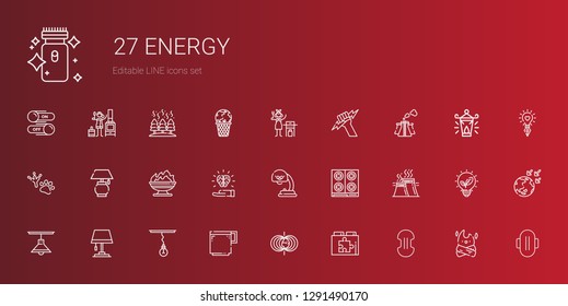 energy icons set. Collection of energy with compress, web plugin, magnetic field, coffee cup, lamp, industry, stove, idea, fire, footprint. Editable and scalable energy icons.
