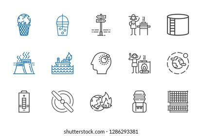 energy icons set. Collection of energy with grid, water tank, global warming, propeller, battery, environment, campfire, bulb, fire, industry. Editable and scalable energy icons.