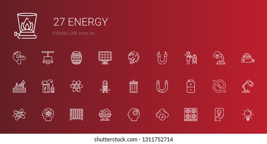 energy icons set. Collection of energy with stove, brainstorm, bulb, fire, radiator, atom, battery, magnet, garbage, reservoir, vertical, global warming. Editable and scalable energy icons.