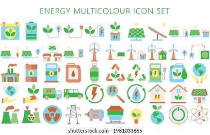 energy icons set with flat multicolor, including battery, sun, green, ecology, renewable and sustainable. Used for modern concepts, web, and applications. eps 10 ready to convert to svg