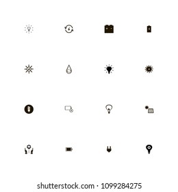Energy icons set. hydraulic energy, dead battery, renewable energy and light