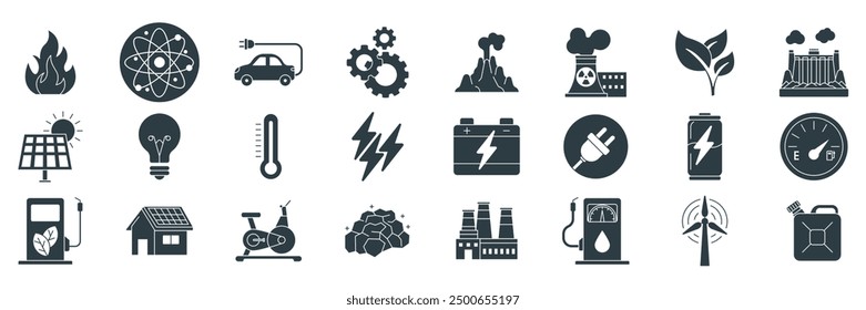 Energy icons set, Included icons as Atom, Battery, Wind Turbine, Light Bulb and more symbols collection, logo isolated vector illustration