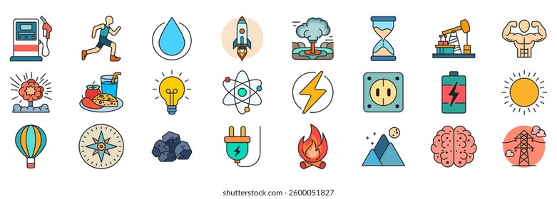 Energy icons set, Included icons as Atom, Battery, Geothermal Vent, Power Line and more symbols collection, logo isolated vector illustration