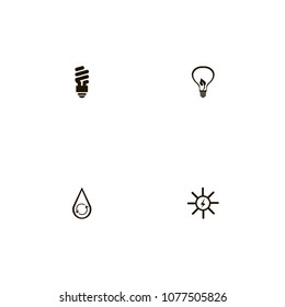 Energy icons set. leaf in bulb, solar energy, light and hydraulic energy