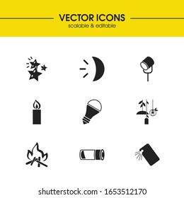 Energy icons set with led bulb, spotlight and low battery elements. Set of energy icons and paraffin concept. Editable vector elements for logo app UI design.