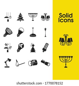 Energy icons set with led bulb, match and christmas tree star elements. Set of energy icons and lamppost concept. Editable vector elements for logo app UI design.