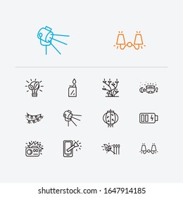 Energy Icons Set. Match And Energy Icons With Camera Flash Light, Phone Flash Light And Chinese Lantern. Set Of Glow For Web App Logo UI Design.