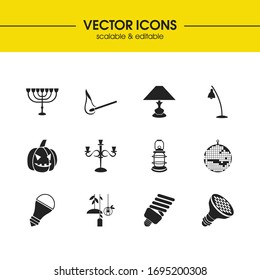 Energy icons set with menorah, lantern and sleeping light elements. Set of energy icons and ecology concept. Editable vector elements for logo app UI design.