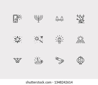 Energy icons set. Sunlight and energy icons with chinese lantern, christmas tree star and menorah. Set of floodlight for web app logo UI design.