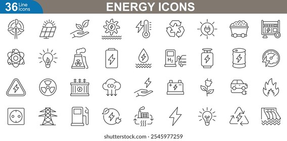 Energy icons set. Sustainable, renewable, electricity, eco-friendly, power, efficiency and more. thin line icons vector illustration.