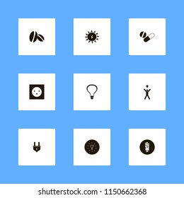 energy icons. solar energy, plug, tablet capsule and coffee beans vector icons set