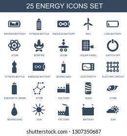 energy icons. Trendy 25 energy icons. Contain icons such as broken battery, fitness bottle, endless battery, mill, low battery, atom, bonfire. energy icon for web and mobile.