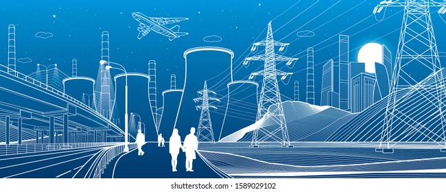 Energy illustration. Thermal power plant. Power line. Illuminated higway. People walking. Car overpass at background. Infrastructure urban scene. Vector design art