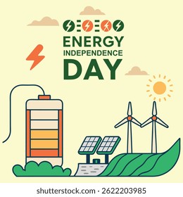 Energy Independence Day: Symbolic image with windmills, solar panels, and a battery representing a sustainable future