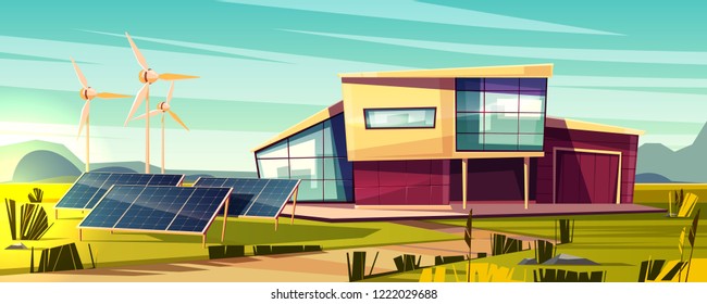 Energy independent, efficient house cartoon vector concept. Modern cottage with solar panel and wind turbine generator illustration. Power home with renewable energy. Feed-in, green electricity tariff