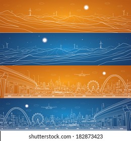 Energy industrial and city infrastructure panorama, mountains landscape, night town, bridges and towers, white lines composition ob blue and orange background, vector design art