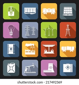 Energy and industrial icons flat set with power line wind mill oil barrel isolated vector illustration