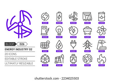 Energy industry 02 related, pixel perfect, editable stroke, up scalable, line, vector bloop icon set.