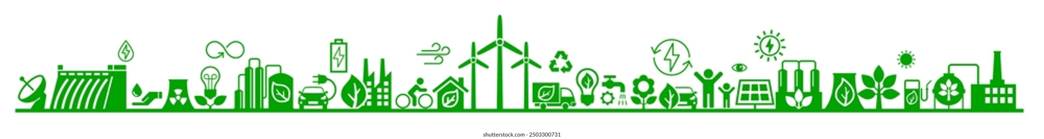 Industria energética. Energías limpias alternativas. Transición al concepto de mundo respetuoso del medio ambiente.  Infografía de ecología. Producción de energía verde. Transición a las energías alternativas renovables.