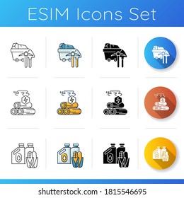 Energy industry icons set. Linear, black and RGB color styles. Coal mining business. Wood burning, forestry. Biofuel manufacturing, eco friendly energy. Isolated vector illustrations
