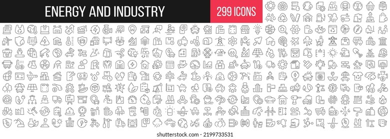 Colección de iconos lineales de la industria y la energía. Gran conjunto de 299 íconos de línea delgada en negro. Ilustración del vector