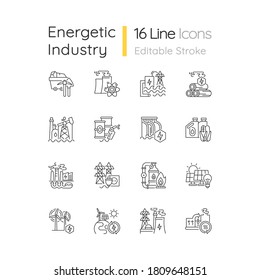 Conjunto de iconos lineales de la industria energética. Tecnologías de fabricación de electricidad e instalaciones modernas personalizables símbolos de contorno de línea delgada. Ilustraciones aisladas del contorno vectorial. Trazo editable