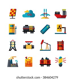 Energy industry oil electricity and fuel production and transportation flat icons collection abstract isolated vector illustration