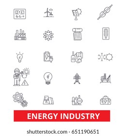 Energy industry, oil and gas, efficiency, saving, green energy, hydroelectric line icons. Editable strokes. Flat design vector illustration symbol concept. Linear signs isolated on white background