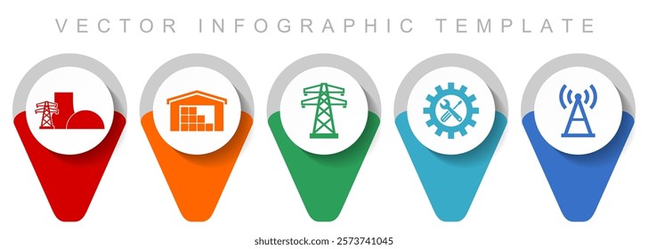 Energy and industry pointer collection, miscellaneous icons such as warehouse, powerline, power plant, service and antenna, flat design vector infographic template in eps 10