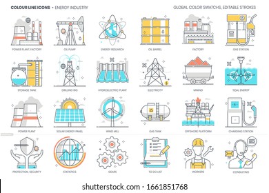 Energy industry related, color line, vector icon, illustration set. The set is about power plant, factory, global warming, environment friendly, energy research, energy, ecology, plant, energy.
