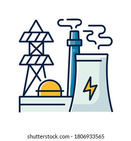 Energy industry RGB color icon. Electricity manufacturing, environment pollution technology. Modern power plant, electric station isolated vector illustration