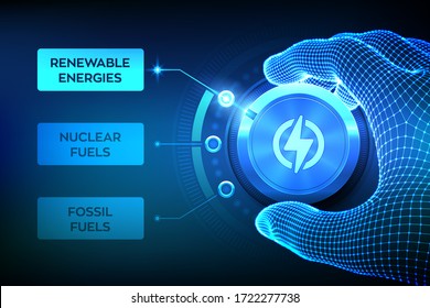 Energy industry sectors. Wireframe hand turning an energy transition button to switch from fossil fuels to renewable energies. Electric power generation via sustainable sources. Vector illustration.