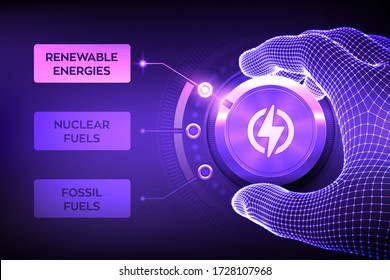 Sektoren der Energiewirtschaft. Wireframe Hand: Drehen eines Schaltknopfes zur Energiewende, um von fossilen Brennstoffen auf erneuerbare Energien umzustellen. Stromerzeugung aus nachhaltigen Quellen Vector-Abbildung.