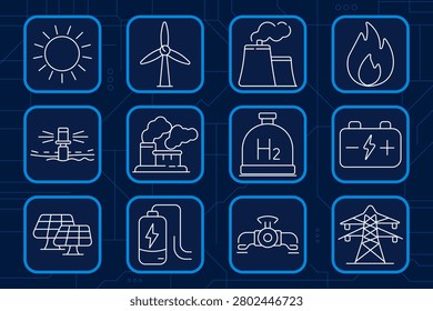 Energy industry set icon. Sun, wind turbine, nuclear plant, fire, hydrogen tank, battery, solar panel, electricity tower, fuel pipeline, renewable power, environmental technology collection