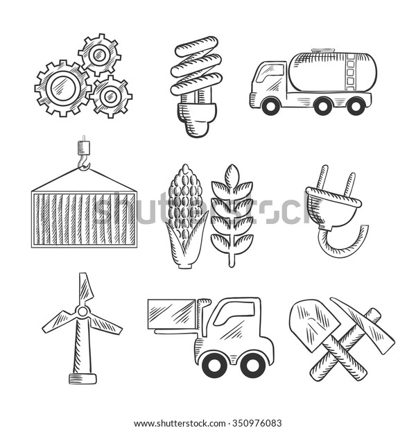 Energy and industry sketched icons\
with machinery, light bulb, mining, tank car, shipping, wind\
turbine, plug, forklift and agriculture symbols. Sketch\
style