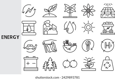 energy industry , Energy Various forms of power use, wind energy, electric generators  ,Set of line icons for business ,Outline symbol collection.,Vector illustration. Editable stroke