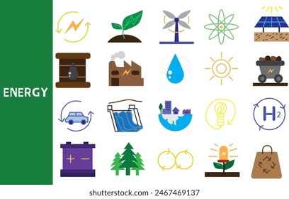 energy industry , Energy Various forms of power use, wind energy, electric generators  ,Set of icons for business ,symbol collection.,Vector illustration.