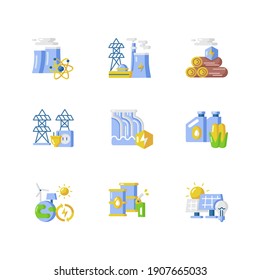Energy industry vector flat color icon set. Nuclear production. Energy industry. Wood resource. Electric power system. Cartoon style clip art for mobile app pack. Isolated RGB illustration bundle