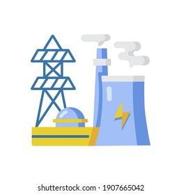 Energy industry vector flat color icon. Electricity manufacturing, environment pollution. Power plant, electric station. Cartoon style clip art for mobile app. Isolated RGB illustration
